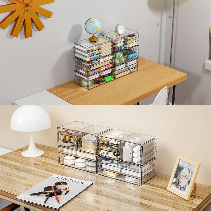 Yieach 2 Pack Acrylic Storage Drawers With 4 Drawers,Stackable Desk Organizers and Makeup Organizer,Large Clear Office Supplies Organizer for Pen,Medical,Art Craft,Stationery Organizer for Countertop