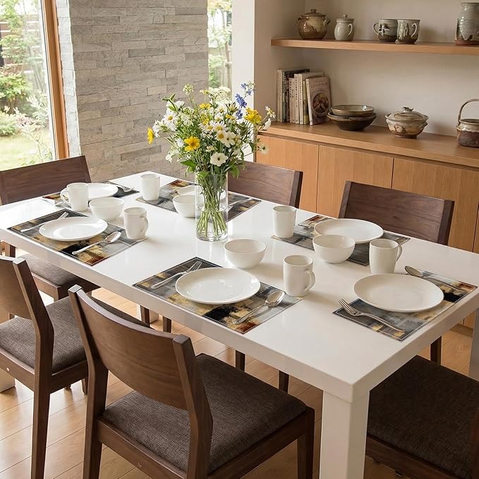 Emvency Farmhouse Placemats Set of 6, Gold Modern Grey Minimalist 12x18 Inch Linen Rectangular Place Abstract Grey Table Mats for Indoors & Outdoor Home Party Kitchen Dining Decoration