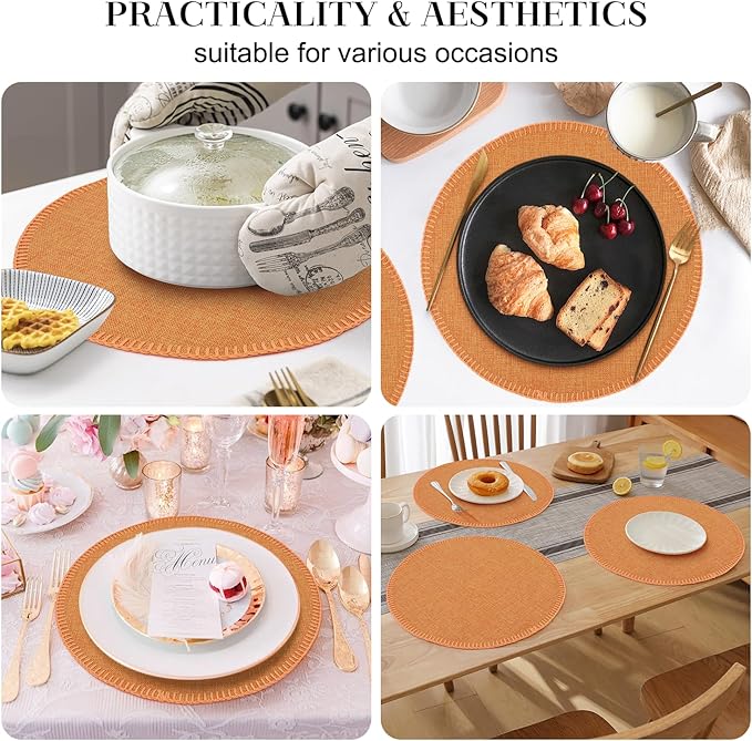Round Placemats Set of 6, 15 Inch Linen Fabric Table Placemats, Heat Resistant, Wrinkle Free Washable Placemats Kitchen Place Mats Set of 6 for Dining Table Party Table (Orange, 6)