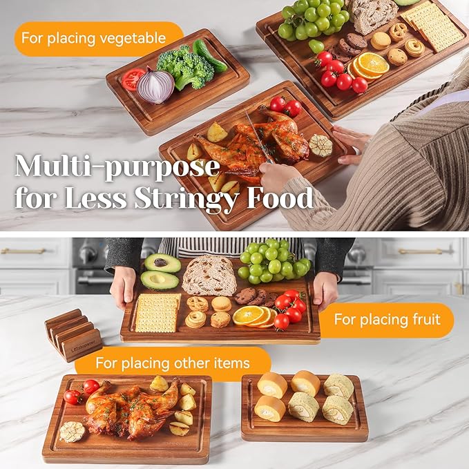 Acacia Wood Cutting Board Set of 3, Solid Wood Cutting Board with Holder, Deep Juice Grooves & Built-in Handles, Durable Wooden Chopping Board Set for Meat, Vegetables, Cheese, Kitchen Prep