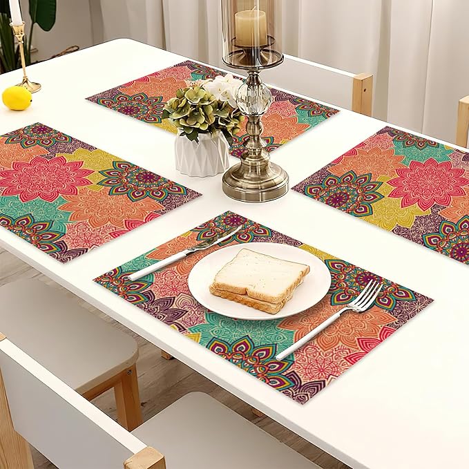 Boho Mandela Linen Placemats Set of 6,12x18 Inch Vintage Ethnic Floral Washable Table Mats Heat Resistant Place Mats for Home Party Kitchen Dining Decoration