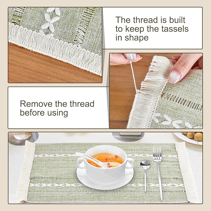 Cotton Linen Placemats Set of 6, Boho Hemstitch Place Mats with Fringe, Washable Table Mats for Dining Table, Rustic Farmhouse Kitchen Decor Home Decor