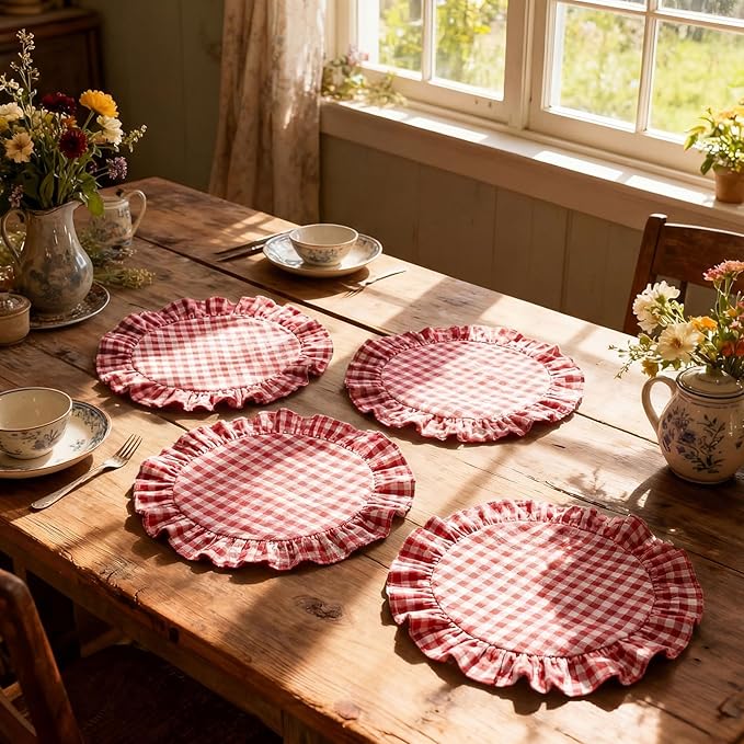 4 Pcs 15 Inch 100% Cotton Scalloped Round Placemats, Thin Retro Red Gingham Place Mats with Ruffle, Washable Placemats Table Mats for Kitchen Dining Holiday Gatherings Decor