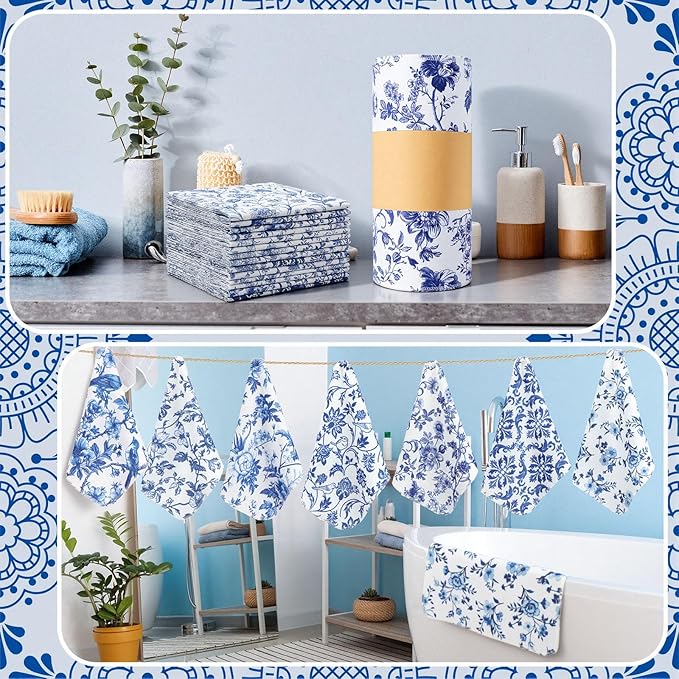 Tinlade 36 Pack Reusable Cleaning Cloths Washable Cotton Kitchen Towels Bulk 11.81 x 9.84 Inches Absorbent Dish Towels Roll for Home Kitchen Cleaning Supplies 12 Styles (Swedish Blue Floral)