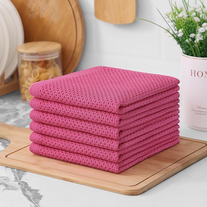 Kitinjoy 100% Cotton Kitchen Dish Cloths (12 X 12 Inches, Hot Pink), 12 Pack Waffle Weave Ultra Soft Absorbent Dish Towels for Drying Dishes Quick Drying Kitchen Towels Dish Rags