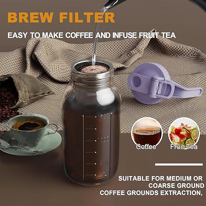 JunVpic Cold Brew Coffee Maker Jar - 64oz Thick Glass Multipurpose Mason Pitcher Spout Lid with Handle & Stainless Steel Filter for Iced Coffee, Lemonade, Ice Tea, Homemade Fruit Drinks Container