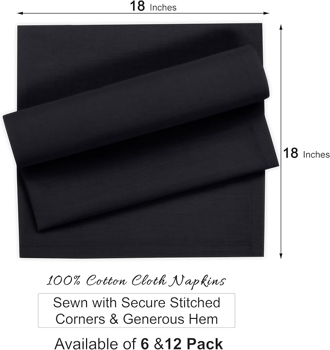 Ruvanti Cloth Napkins Set of 12, 100% Cotton High GSM 18x18 Inches Soft, Washable, Highly Durable & Absorbent, Perfect for Parties, Christmas, Thanksgiving Dinners – Black Beauty