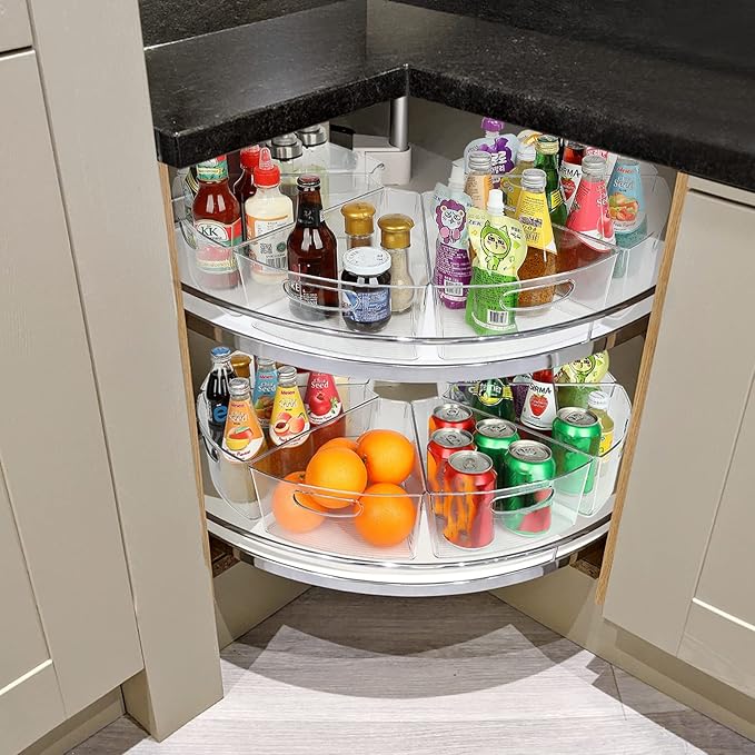 URALFA Lazy Susan Organizers Set of 8, 10"x 9.5"x 4" Corner Cabinet Organizer, Plastic Transparent Kitchen Cabinet Storage Bins with Handle, 4" Deep Container, 1/8 Wedge - Food Safe, BPA Free
