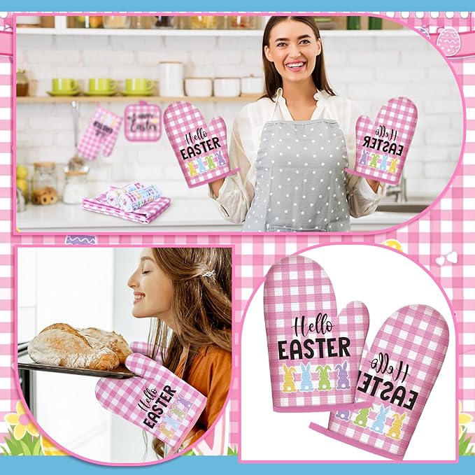 VitalCozy 10 Pcs Happy Easter Kitchen Decor Set Bunny Kitchen Towels and Rugs Oven Mitts and Pot Holders Home Decor Accessories Sets for Easter Chef Baking Cooking Grilling BBQ Gift