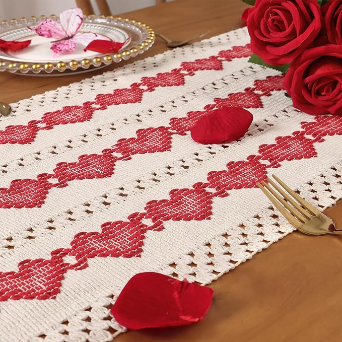 Alynsehom Macrame Table Runner Beige and Red Heart Table Runners with Tassels Hand Woven Cotton Table Runner Rustic Farmhouse Table Runners for Valentine's Day Bohemian Kitchen Dining Table(12x71in)