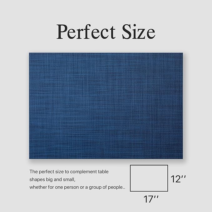 Placemats Set of 6 - Easy Clean Woven Vinyl Placemats for Dining Table, Indoor/Outdoor Place Mats, Washable PVC Table Mats(Navy Blue)