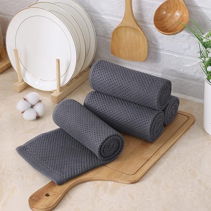 Kitinjoy 100% Cotton Waffle Weave Kitchen Towels, 4-Pack Super Soft and Absorbent Dish Towels for Drying Dishes, Kitchen Hand Towels, 13 in x 28 in, Dark Grey