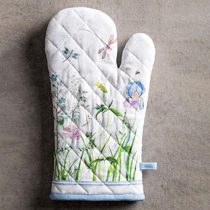 Maison d'Hermine Oven Gloves 100% Cotton Oven Mitt 7" x 13" with Loop Heat Resistant BBQ Cooking Gloves Baking Grilling Gifts for Mothers Day Spring/Summer (Pack of 1, Fleurs De Mai)