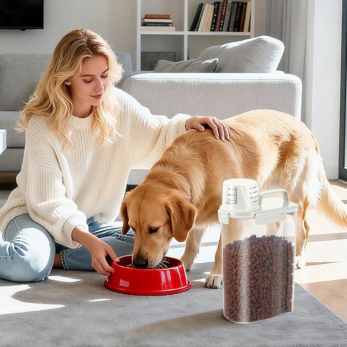 LEAWALK 3-5Lbs Airtight Small Cat Dog Pet Food Storage Containers BPA Free, with Large Pour Spout/1 Measuring Cup/ 4 Safety Locks and Double-layer Silicone Strip (Off White 2Pack)