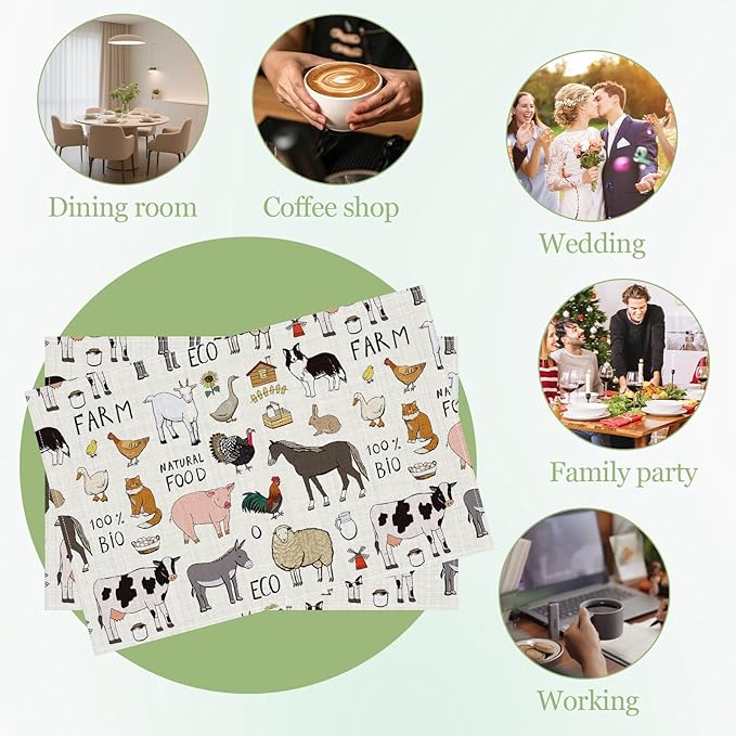 Farmhouse Animal Placemats Set of 6, Washable Heat Resistant Table Mat Linen Place Mats for Party Kitchen Dining Home Decor 12x18 Inch