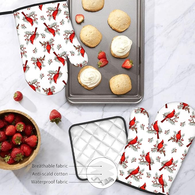 Christmas Cardinal Birds Oven Mitts and Pot Holders Sets of 3, Cardinal Birds Red Berry Decor Oven Mitts, Rdinal Bird Kitchen Decor Heat Resistant Non-Slip Silicone Gloves for Cooking Baking BBQ