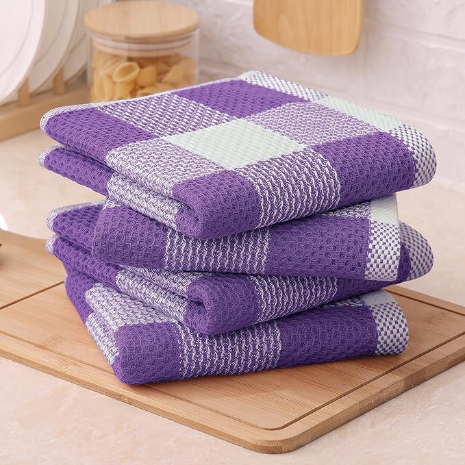 Mordimy 100% Cotton Waffle Weave Kitchen Towels, 13 x 28 Inches, Super Soft and Absorbent Buffalo Check Dish Towels for Drying Dishes, 4-Pack, White & Purple