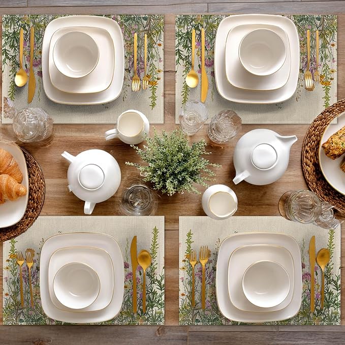 HOMETITUTE Floral Linen Placemats Set of 4 12x18 inch Spring Table Mats for Dining Table Farmhouse Decorations Kitchen Decor Desk Mat for Outdoor Home Party Kitchen Seasonal Dining Decor