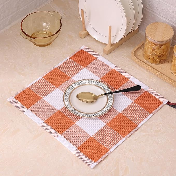 Mordimy 100% Cotton Waffle Weave Plaid Dish Cloths, 12 x 12 Inches, Super Soft and Absorbent Quick Drying Buffalo Check Dish Rags for Kitchen, 6-Pack, Orange & White