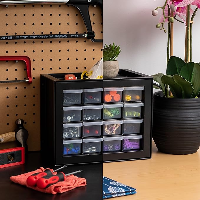 IRIS USA Small Plastic Storage Drawers, Made in USA, 16-Drawer Organizer, Stackable Teacher Toolbox for Crafts, Crayons, Beads, Screws, Hardware, Building Bricks, Desk & Garage Storage – Black