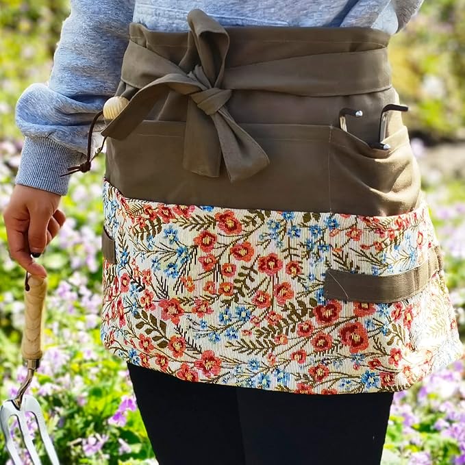 Garden Apron for Woman, Serve Apron Cute, Flora Half Apron with 8 Pockets, Valentines Gift for Mom Wife Girlfriend
