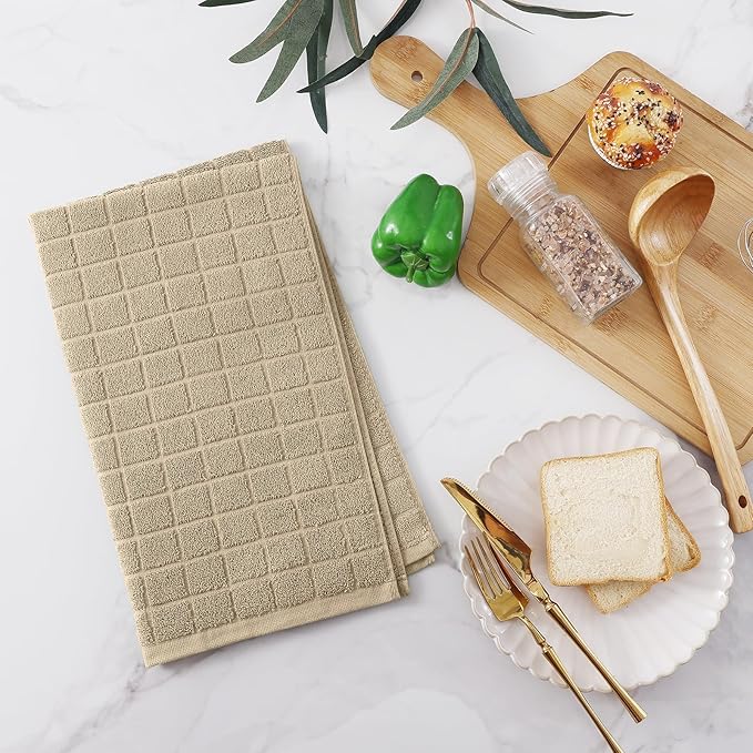Homaxy Premium Cotton Kitchen Towels 16"x 28", Large Natural Ring Spun 390 GSM Dish Towels, Super Absorbent Terry Kitchen Hand Towels, Soft Tea Towels with Hanging Loop, Pure Tan Design, 6 Pack