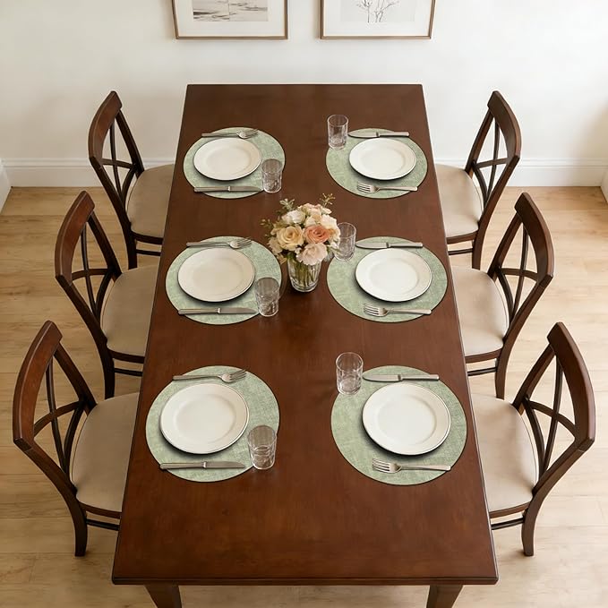 Maxpearl Round Placemats Set of 6, 13.8 inch Faux Leather Heat Resistant Table Mats, Non Slip Waterproof Wipeable Place Mats for Kitchen Dining Holiday Party Table Settings, Sage Green