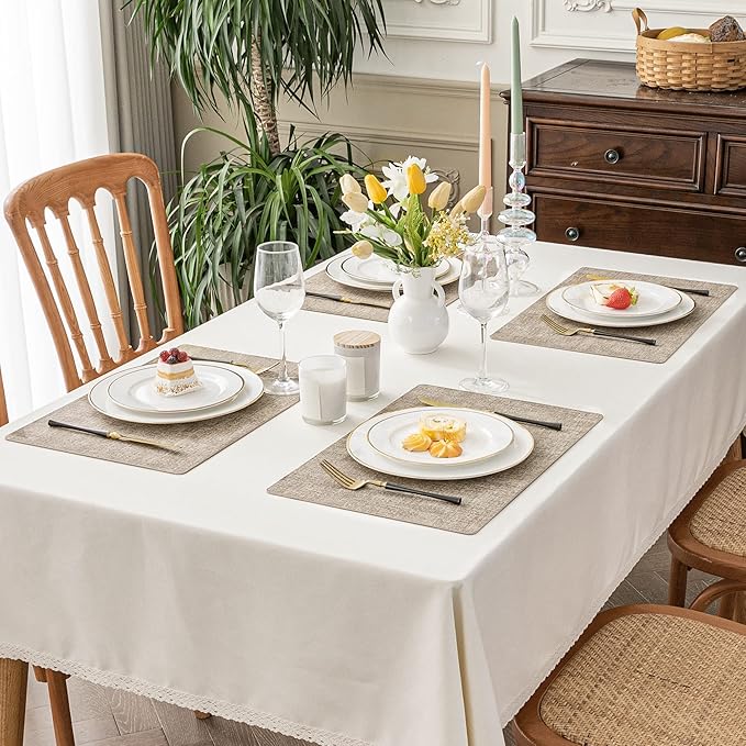 Romanstile Vinyl Placemats Set of 12-12 X 17 Inch - Faux Leather 100% Waterproof Oil-Proof Wipeable Place Mats, Heat Resistant Reversible PU Table Mats for Kitchen Dining Party Outdoor, Khaki