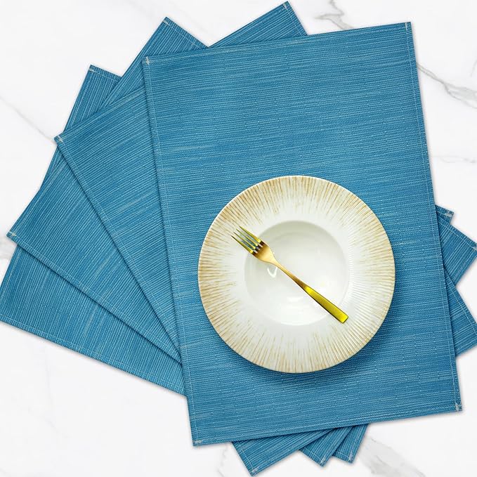 Blue Placemats Set of 4, 12x18 Inch Heat-Resistant Washable Easy to Clean Place Mats, Faux Linen Cloth Table Mats Suitable for Indoor/Outdoor Parties & Kitchen Decor (Blue)