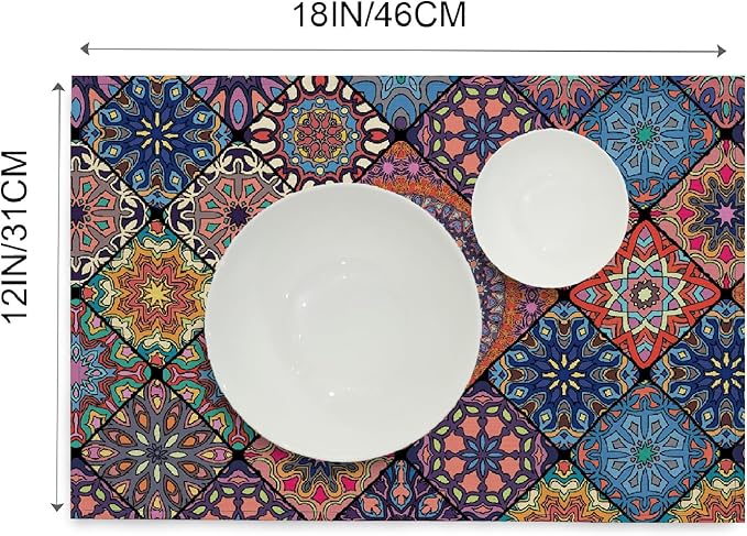 Boho Bohemian Placemats Set of 4, Vintage Seasonal Washable Linen Table Mats for Dining Table Decorations (Bohemian A, 12” x 18”)
