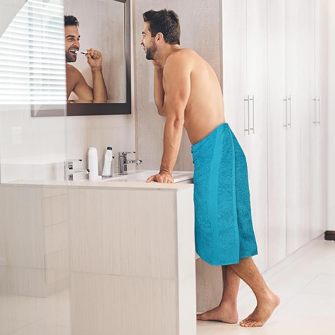 Medium Size Bath Towels Set of 6 โ 100% Cotton Terry โ 24" x 48" โ Quick Dry, Soft & Highly Absorbent โ Teal Blue Towels for Bathroom, Gym, Spa, Pool & Daily Use