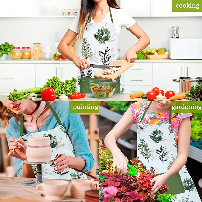 RosieLily Herb Aprons for Women with Pockets Floral Apron Green Apron Cute Kitchen Apron for Cooking Baking Gardening Grilling BBQ Gardening Gifts for Women Leaves Plants Botanical