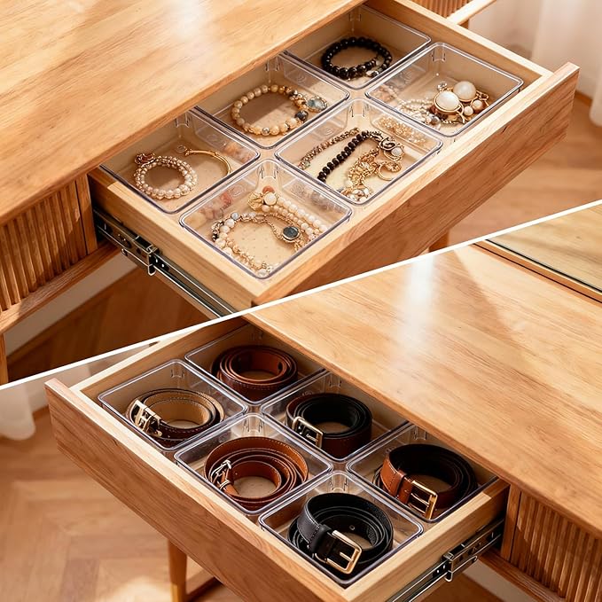 Ohlove 6 Pcs Large Clear Plastic Drawer Organizers Tray 6" x 6" Storage Bins with 25 Pcs Non-Slip Pads for Makeup, Jewelries, Kitchen Utensils, Bathroom and Office