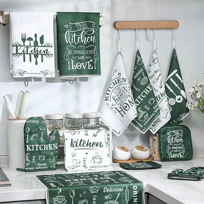 12 Pcs Farmhouse Kitchen Decor and Accessories Sets 4 Green Kitchen Towels 4 Absorbent Dishcloths 2 Pot Holders 2 Oven Mitts Gloves for Home Decorations Mom Gifts