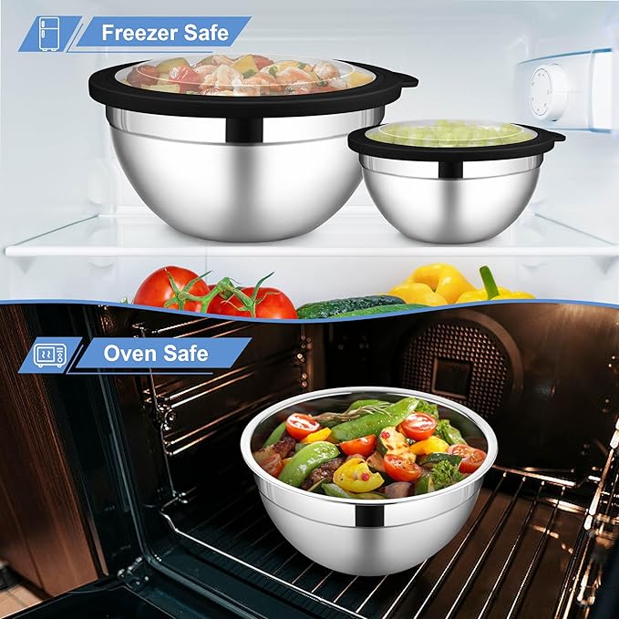LIANYU Stainless Steel Mixing Bowls Sets of 6, Large 7, 3.5, 2.5, 2, 1.5, 1QT Size with Transparent Airtight Lids, Metal Nesting Serving Bowl Sets for Home Kitchen, Dishwasher & Freezer Safe, Black