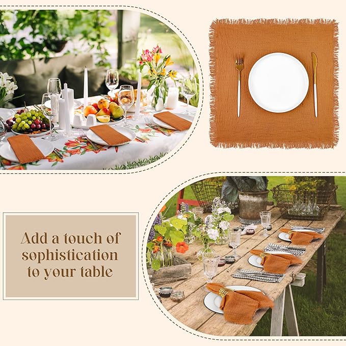 TURSTIN 24 Pieces Cotton Linen Cloth Napkin Handmade Cloth Napkin with Fringe 17 x 17 Inch Soft Dinner Wedding Napkins Square Rustic Fringe Table Napkins for Dinners, Parties, Weddings, Terracotta