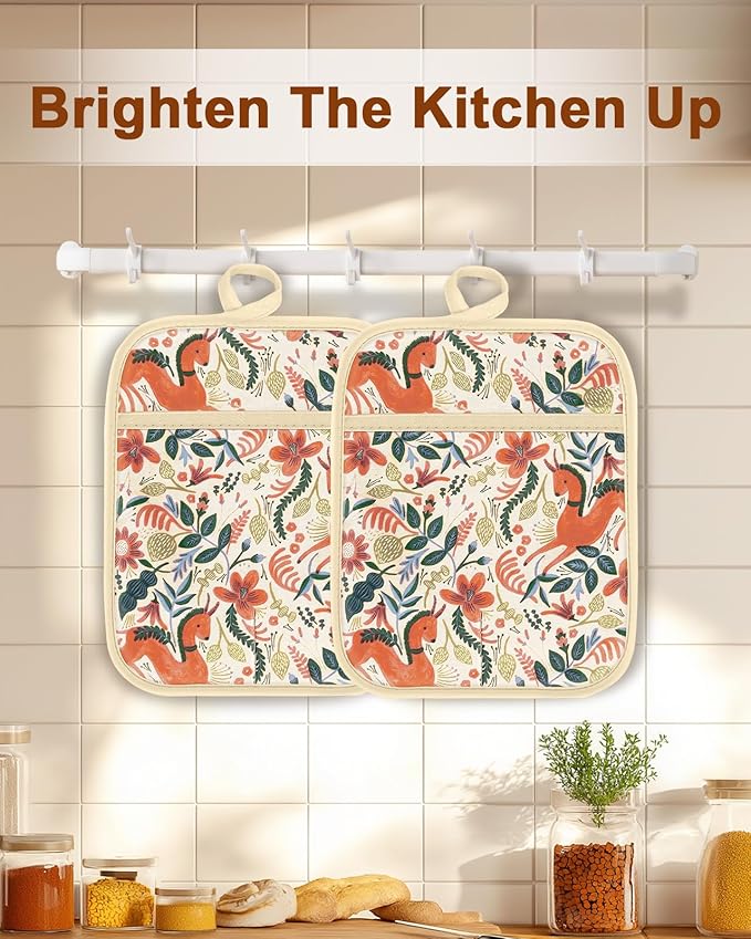 Swooflia 100% Cotton Pot Holders 2 Pack Set for Kitchen with Pockets - Cute 440°F Heat Resistant Oven Hot Pads Heavy Duty for Countertop Home Cooking Baking Microwave BBQ Horse