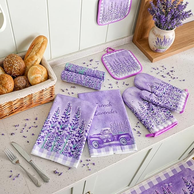 VitalCozy 10 Pcs Lavender Kitchen Decor Lavender Kitchen Towels and Rugs Oven Mitts and Pot Holders Set Hand Towels Purple Decorative for Baking Cooking BBQ