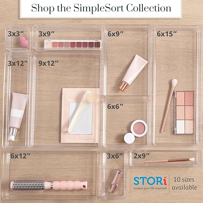 STORi SimpleSort 6-Piece Stackable Clear Drawer Organizer Set | 9" x 3" x 2" Rectangle Trays | Narrow Makeup Vanity Storage Bins and Office Desk Drawer Dividers | Made in USA