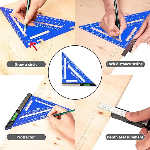 Beslands 7 inch Rafter Square with Level, Aluminum Metal Triangle Ruler Carpenter Square Woodworking Layout Tool Aluminum Triangle Tool Stainless Steel Ruler (Blue)