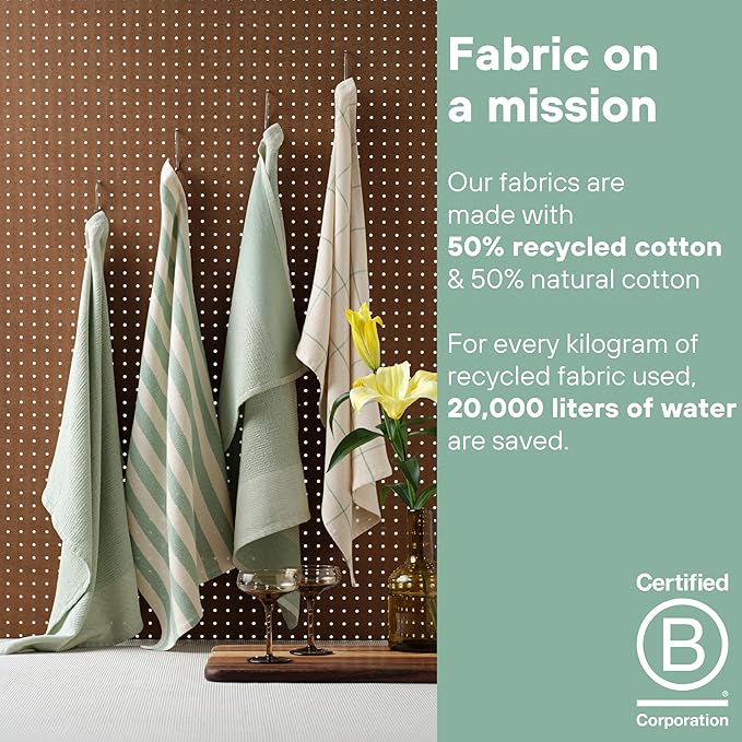 MEEMA Upcycled Spring Kitchen Towels Cotton Fabric | Super Absorbent Hand Towels with Hanging Loop | Cleaning Rags and Dish Towels for Kitchen | Sage Green Stripes | Large 18 x 28 Inch | 4-Pack
