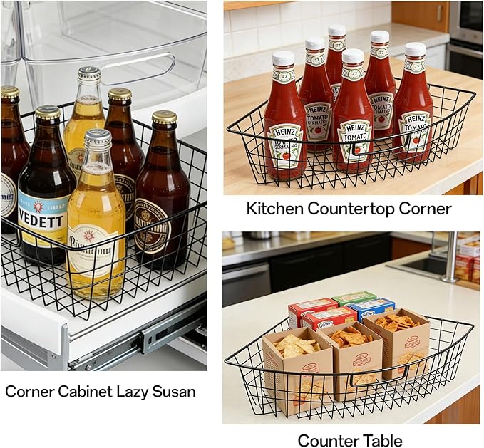 2 Pack Metal Lazy Susan Organizer Baskets with Handles – 1/4 Wedge Wire Storage Bins for 24" Lazy Susan Turntable, Kitchen Cabinet & Pantry Organizer, Black