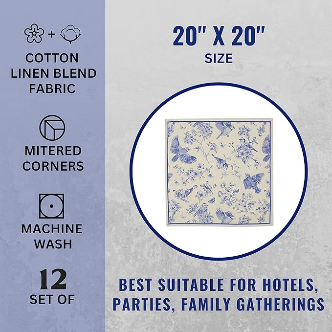 FINGERCRAFT Cloth Napkins, Set of 12 Cotton Linen Blend Printed Dinner Napkins Cloth Mitered Corner Perfect for Parties Dinners Weddings Cocktail Christmas Easter 20x20 Toile