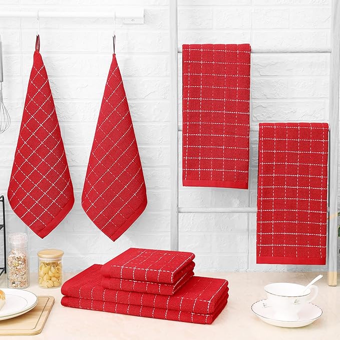 Homaxy Kitchen Towels and Dishcloths Set, 12 x 12 and 13 x 28 Inches, Set of 12 Bulk Cotton Terry Kitchen Towels Set, Checkered Designed, Soft and Super Absorbent Dish Towels, Red