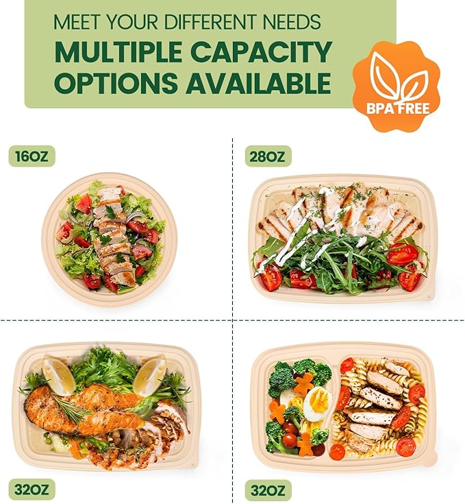 100 Piece (50 Pack) Food Containers with Lids, 22 oz Meal Prep Containers Reusable Cornstarch Plant-based Lunch Box BPA Free Small Plastic Disposable Take Out Boxes for Salad Microwave & Freezer Safe