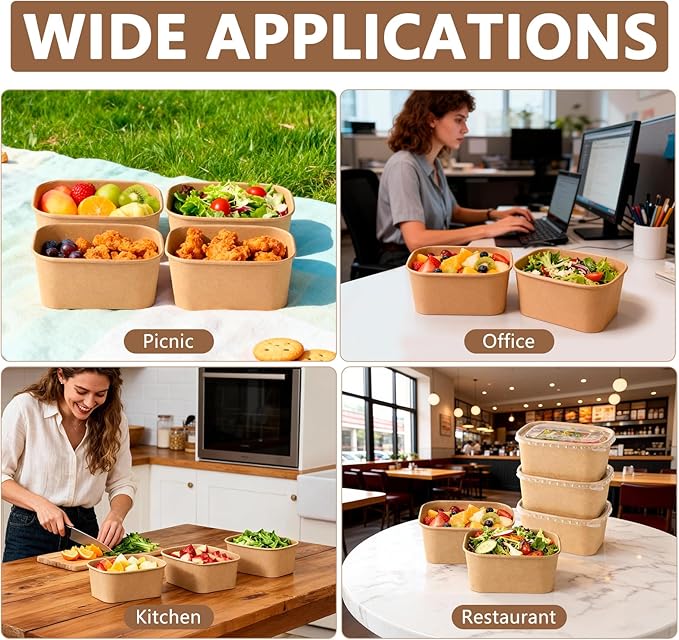 50 Sets 33oz Disposable Kraft Paper Bowls with Lids, Large Paper Food Containers with Lids, Salad Bowls for Hot/Cold Food, Meal Prep, Ice Cream, Takeout, Party Supplies(Rectangle, 1000ml)