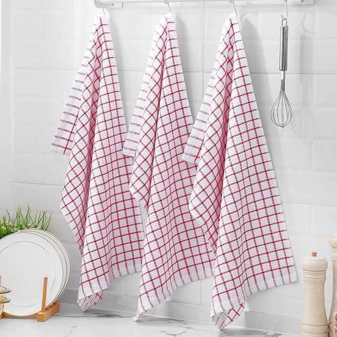 Homaxy 100% Cotton Kitchen Towels 4 Pack-15 X 25 Inches, Check Design Waffle Weave Hand Tea Towels, Super Soft and Absorbent Dish Towel for Drying Dishes, Red