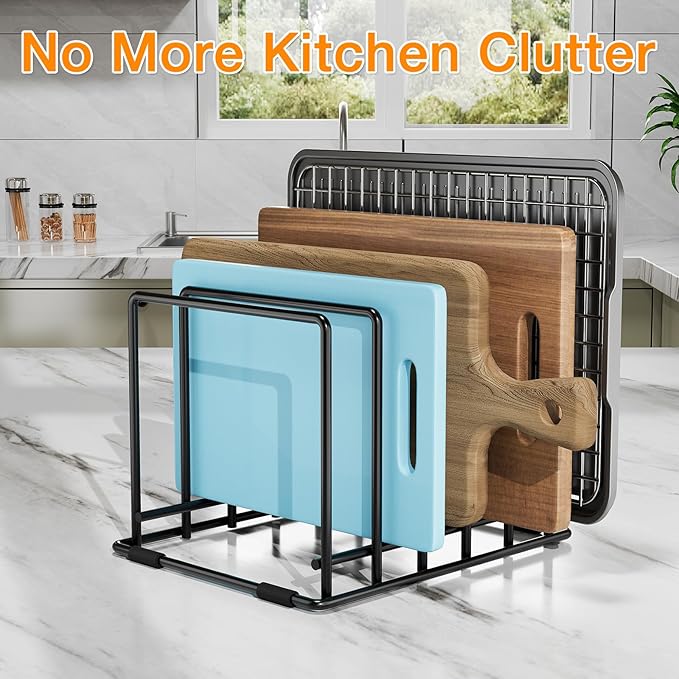AKSONMN Baking Sheet Organizer Rack โ 5-Slot Bakeware & Cookie Tray Holder for Kitchen Cabinet or Countertop, Stainless Steel Cutting Board Rack with Rust-Resistant Frame & Anti-Slip Feet