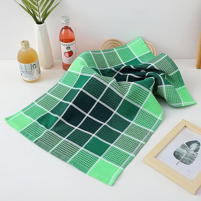 Bright Large Kitchen Towels, 4-Pack, 16 Inch x 26 Inch Buffalo Check Dish Towels for Washing Drying Dishes, Colorful Waffle Design Tea Towel Bar Towel (Green)