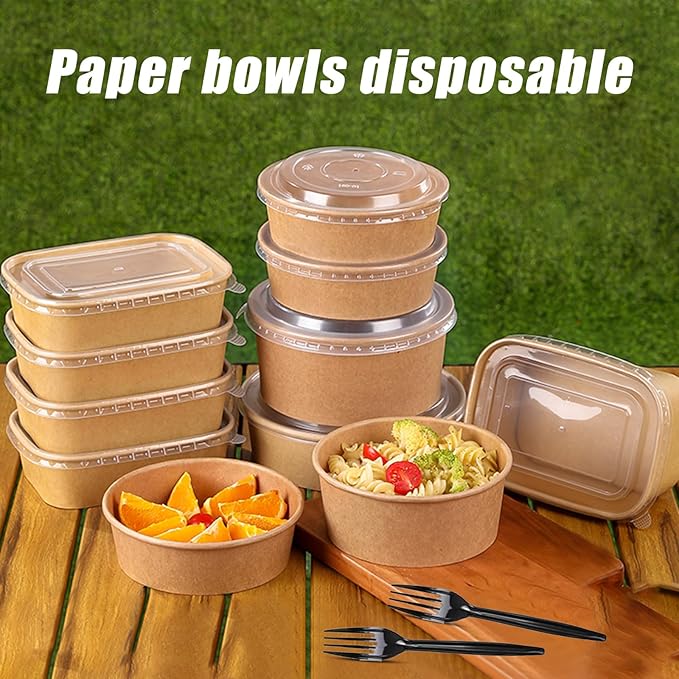 DI QIU REN 50-Pack 25oz Paper Bowls, Disposable Food Containers with Lids and Forks, Cardboard Meal Prep Containers for Diet Salad, Pasta (kraft Paper Rectangular, 25oz 50 Count)